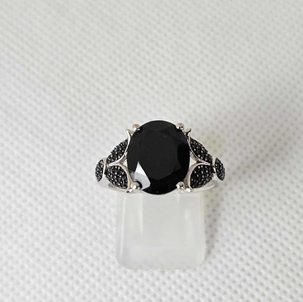 Natural Black Spinel & Black Diamonds Sterling Silver Rhodium Size 7.5! Nwt